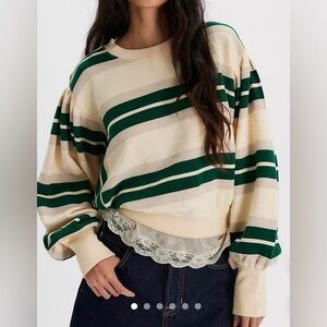 Free People Ivory and Dark Green Striped Pullover
